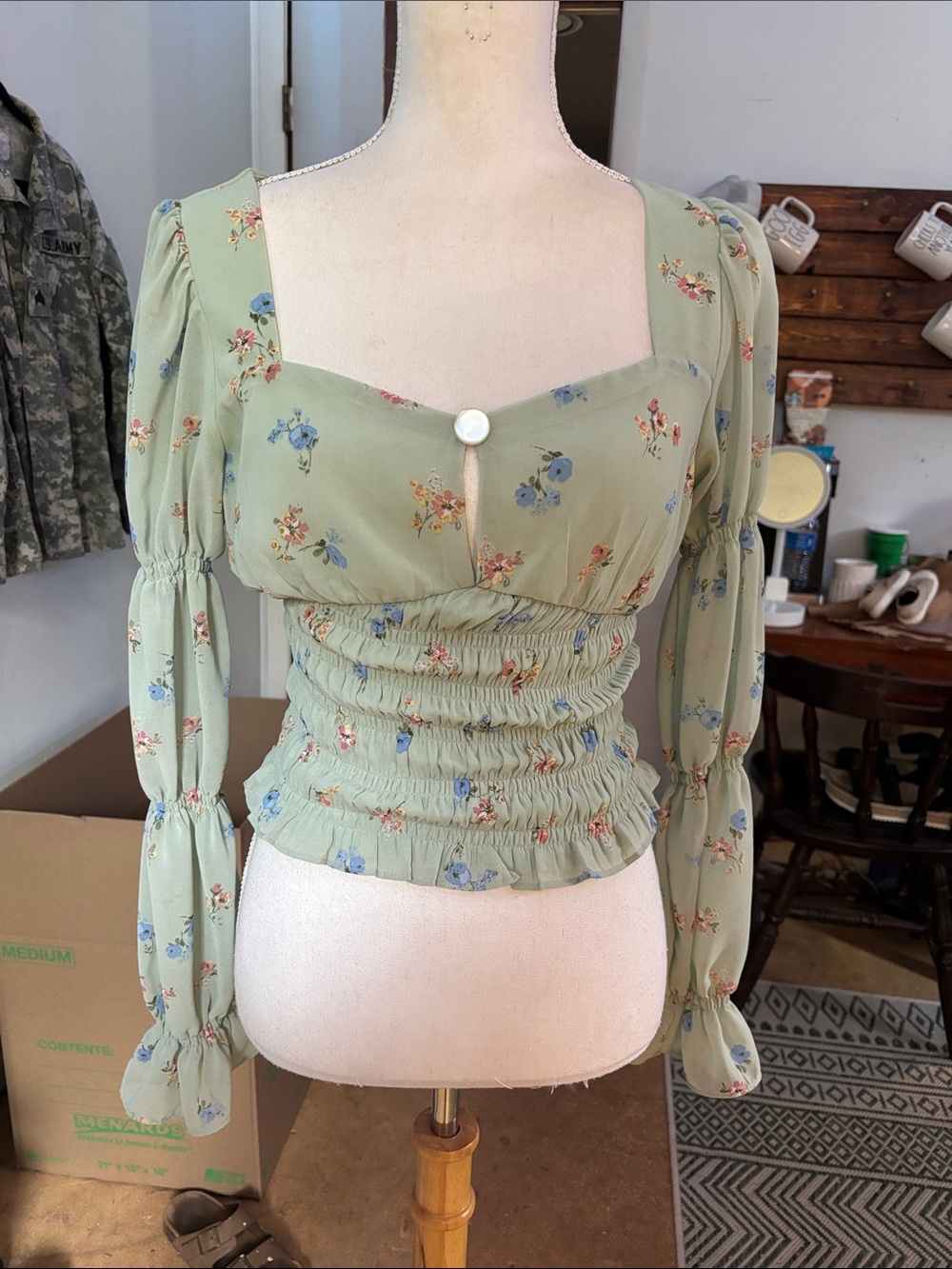 SO Sage Green Floral Smocked Square-Neck Blouse